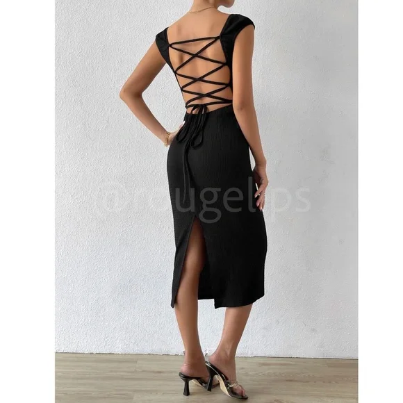 Sweetheart Neckline Decollete Black Pencil Dress Lace Up Back Slit Midi - Picture 6 of 9
